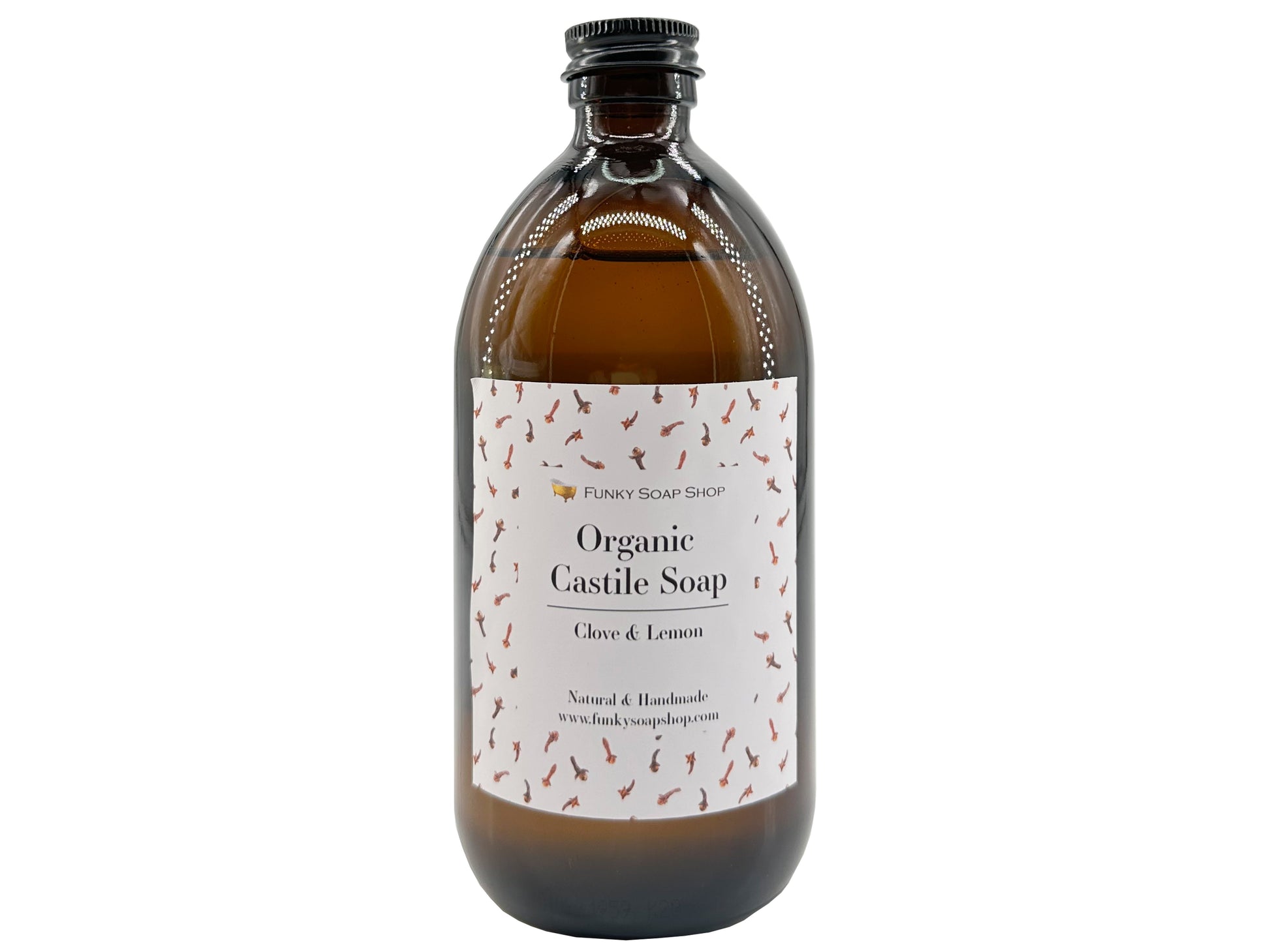 Organic Liquid Castile Soap with Clove & Lemon, Glass Bottle - Funky Soap Shop