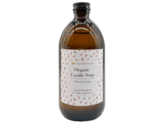 Organic Liquid Castile Soap with Clove & Lemon, Glass Bottle - Funky Soap Shop