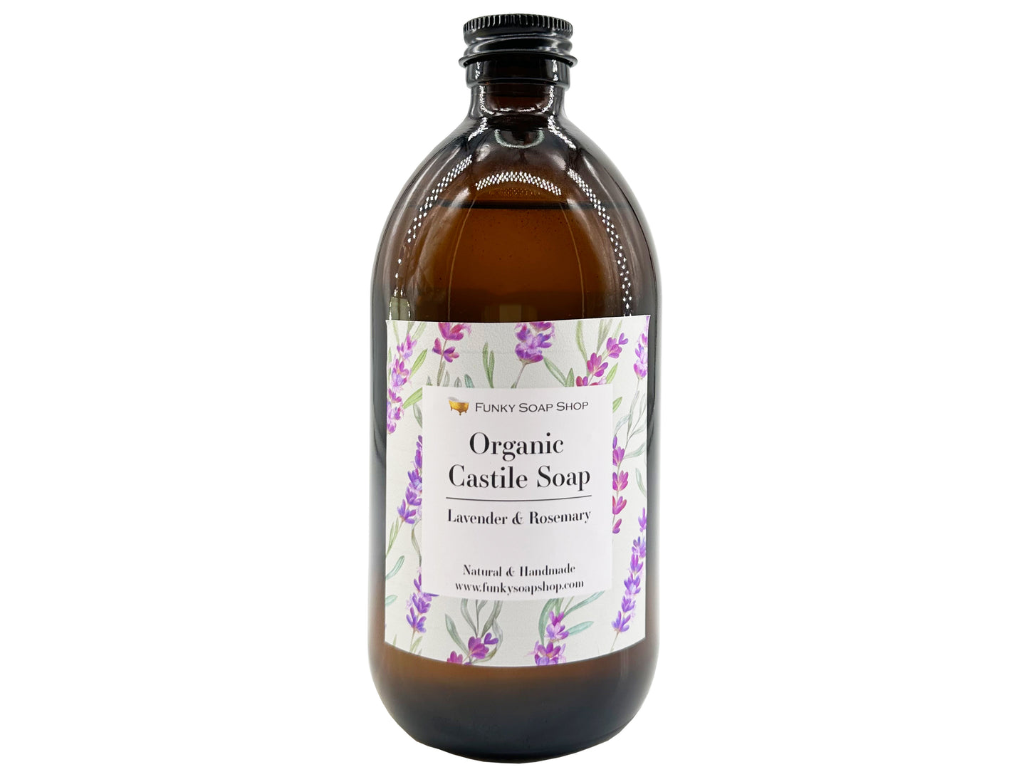 Organic Liquid Castile Soap with Lavender & Rosemary, Glass Bottle - Funky Soap Shop