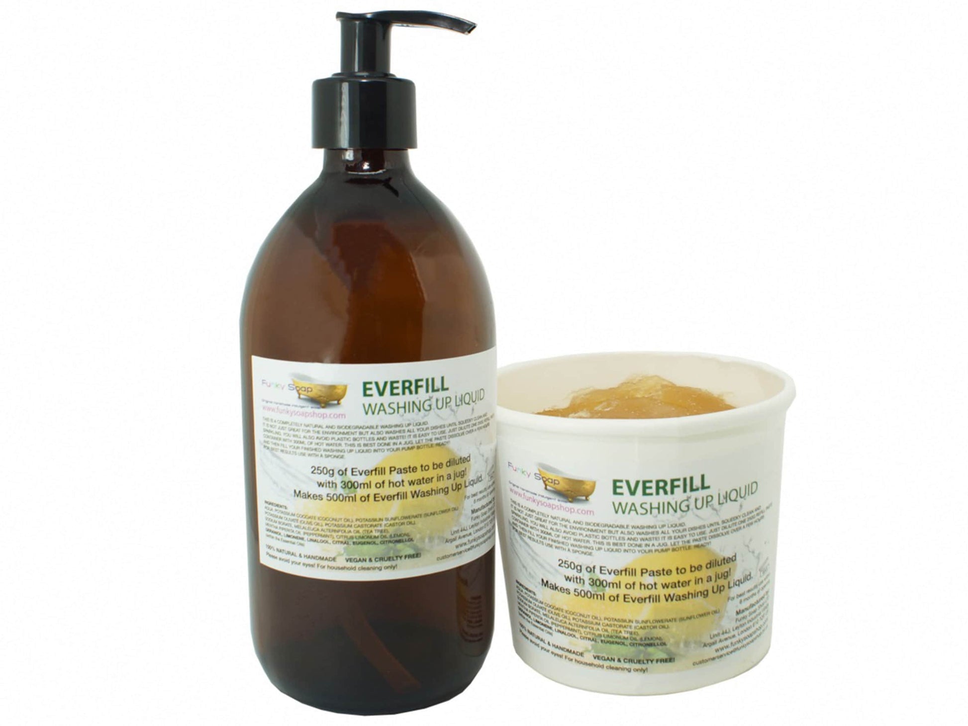 EVERFILL Washing Up Liquid, Refill 250g and Empty Glass Bottle 500ml - Funky Soap Shop