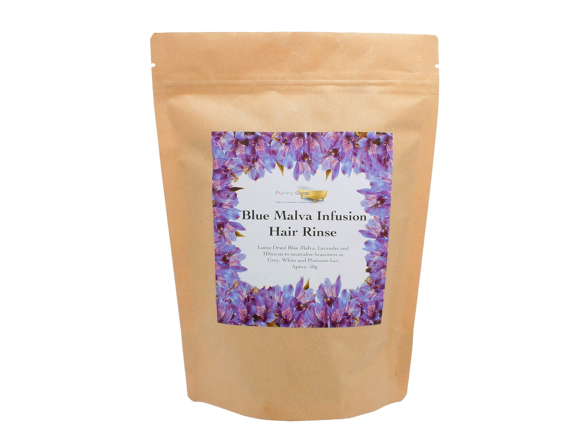 Blue Malva Infusion Hair Rinse for Grey, White and Platinum Hair, Loose Dried Flowers 50g - Funky Soap Shop