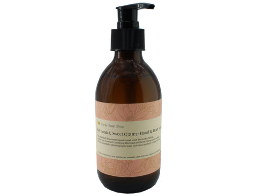 Patchouli & Sweet Orange Hand and Body wash, Glass Bottle of 250ml - Funky Soap Shop