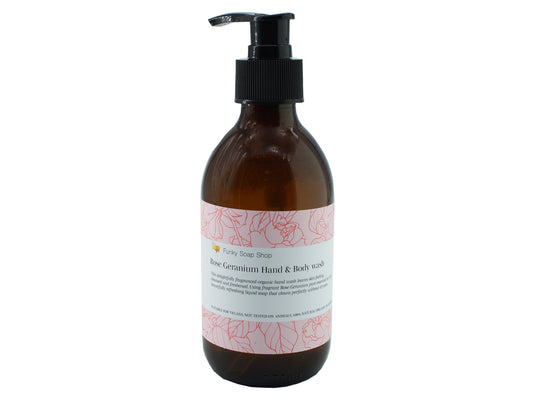 Rose Geranium Hand and Body wash, Glass Bottle of 250ml - Funky Soap Shop