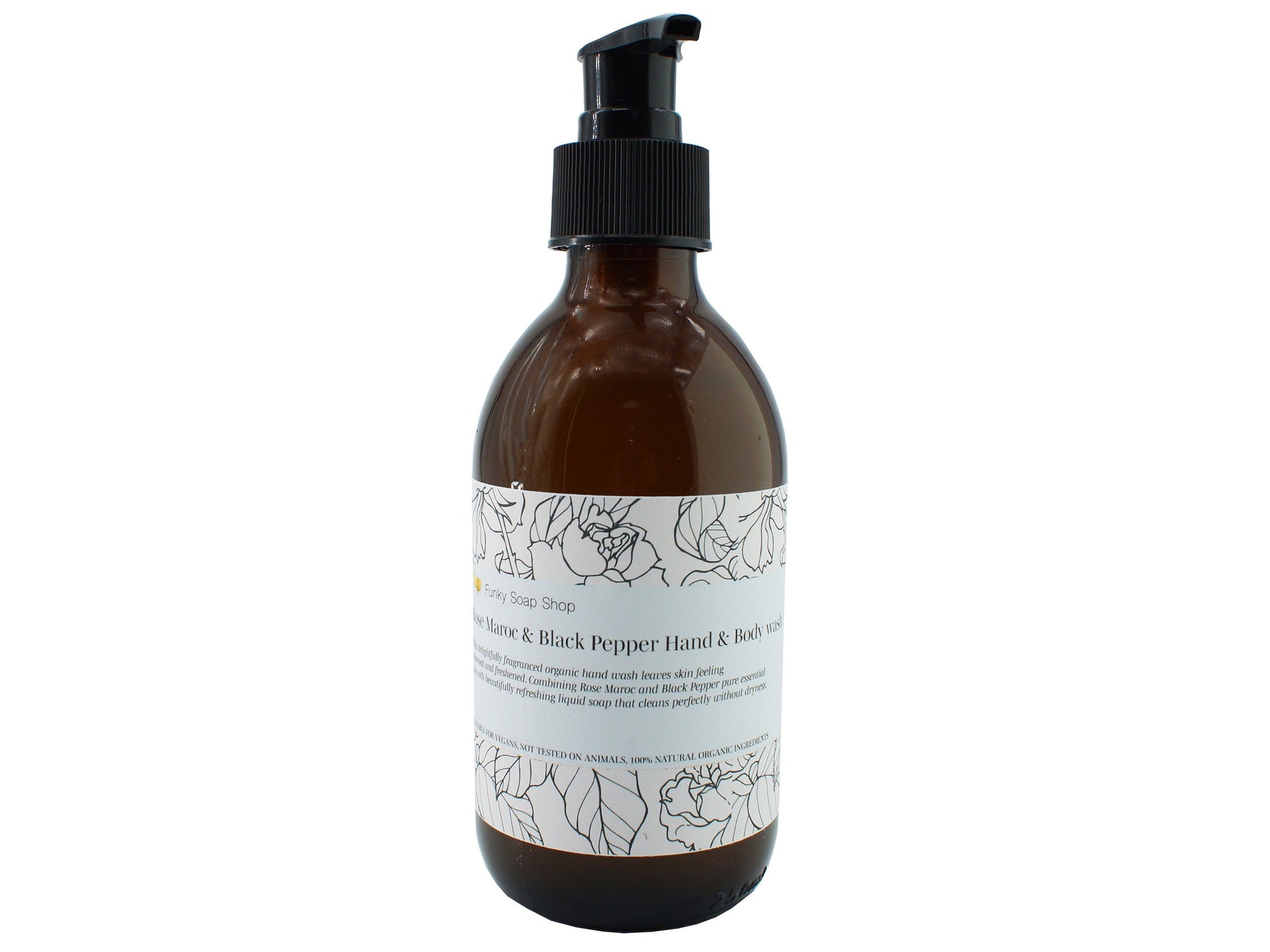 Rose Maroc & Black Pepper Hand and Body wash, Glass Bottle of 250ml - Funky Soap Shop