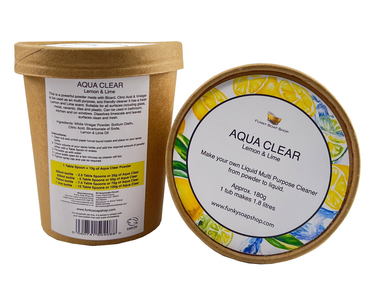 AQUA CLEAR, Powder to Liquid All Purpose Cleaning, Lemon and Lime, 180g - Funky Soap Shop