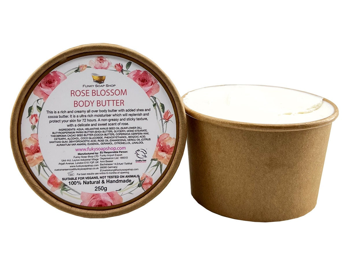 Rose Blossom Rich Body Butter, Kraft Tub 250ml - Funky Soap Shop