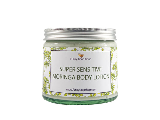 Super Sensitive Moringa Body Lotion, Fragrance Free, Glass Tub of 250g - Funky Soap Shop