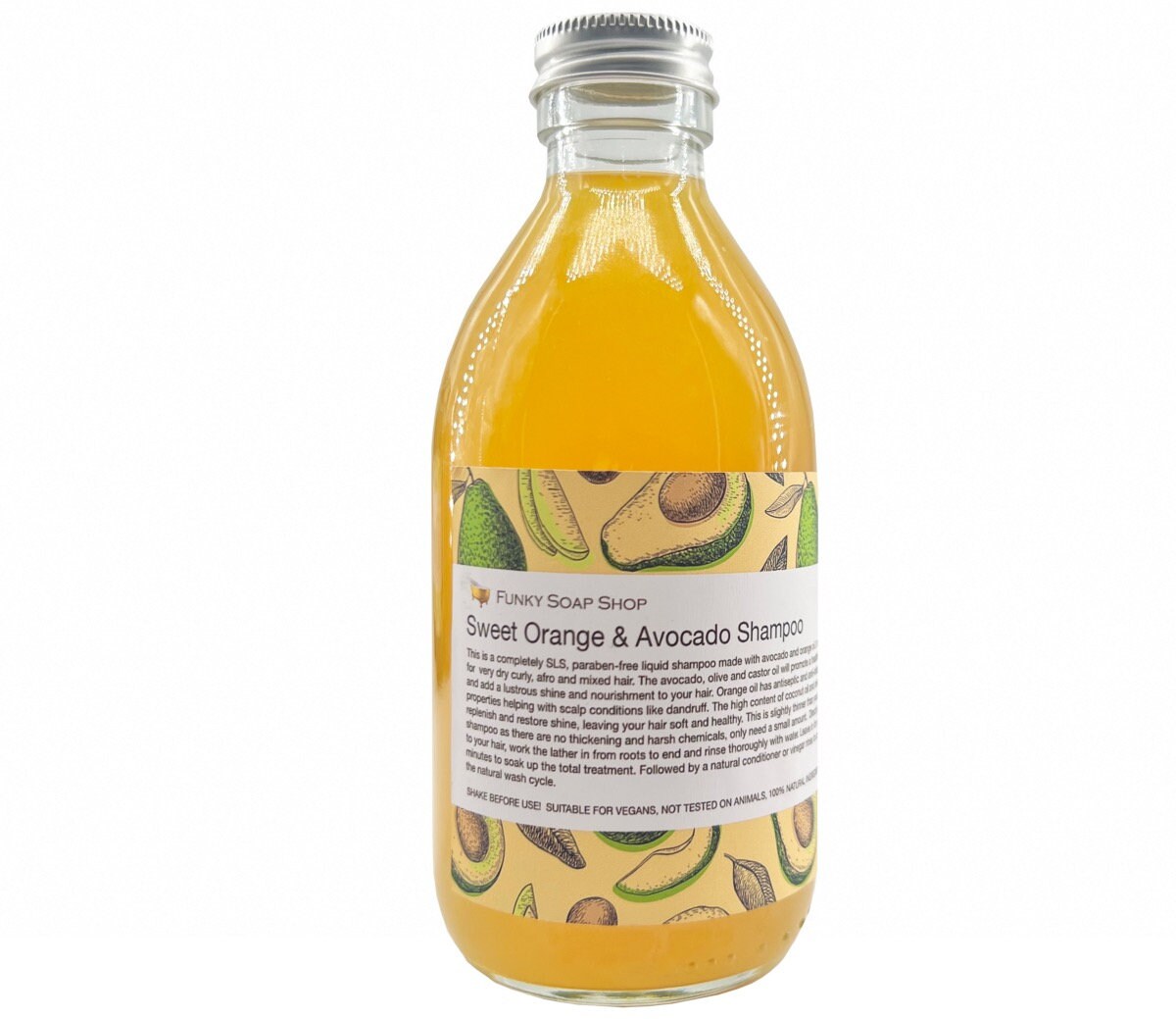 Sweet Orange & Avocado Liquid Shampoo, Glass Bottle - Funky Soap Shop
