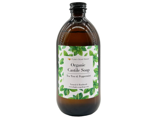 Organic Liquid Castile Soap with Tea Tree & Peppermint, Glass Bottle - Funky Soap Shop